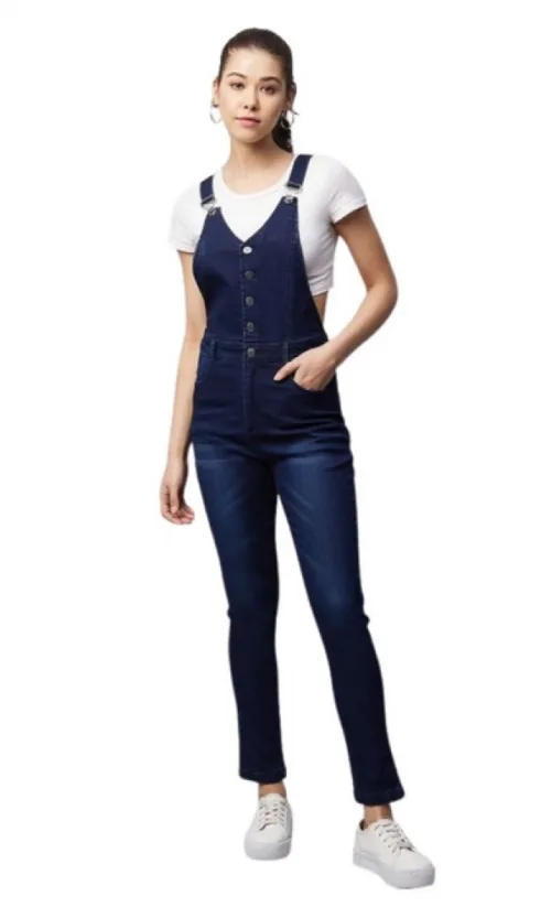 Women's Denim Lycra Solid Buttoned Dungaree (Navy)