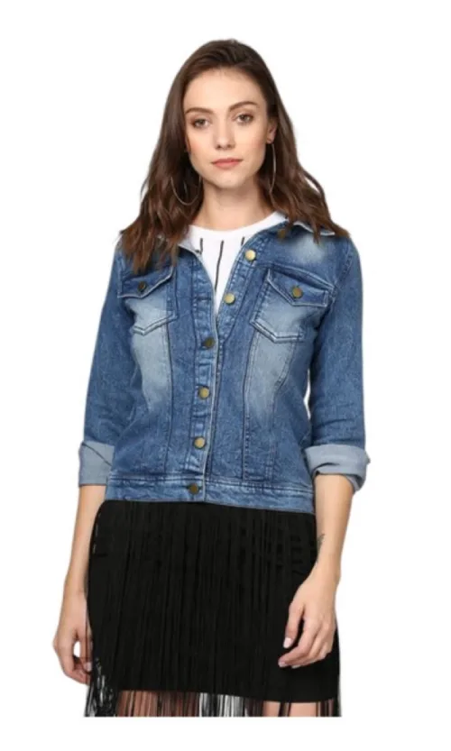 Women's Denim Washed Long Sleeves Jacket (Blue)