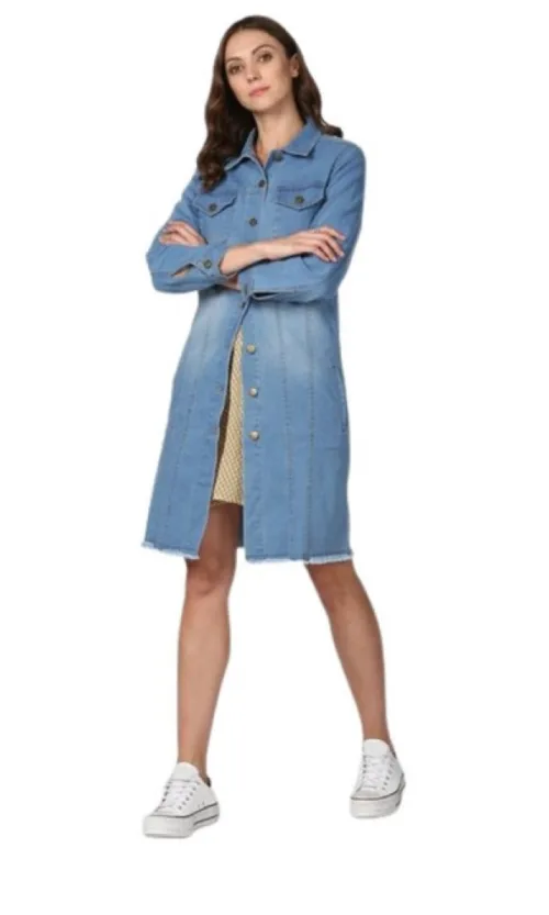 Women's Denim Washed Long Sleeves Jacket (Blue)