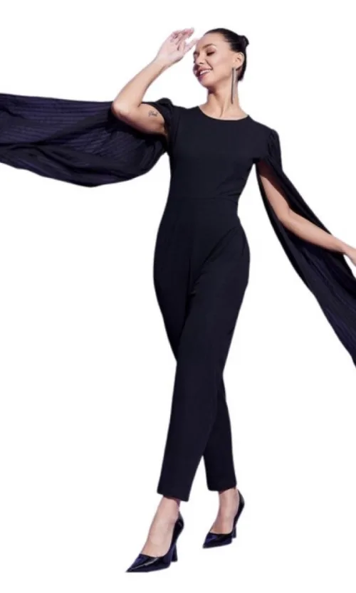 Women's Polyeter Solid Cape Sleeve Jumpsuit (Black)
