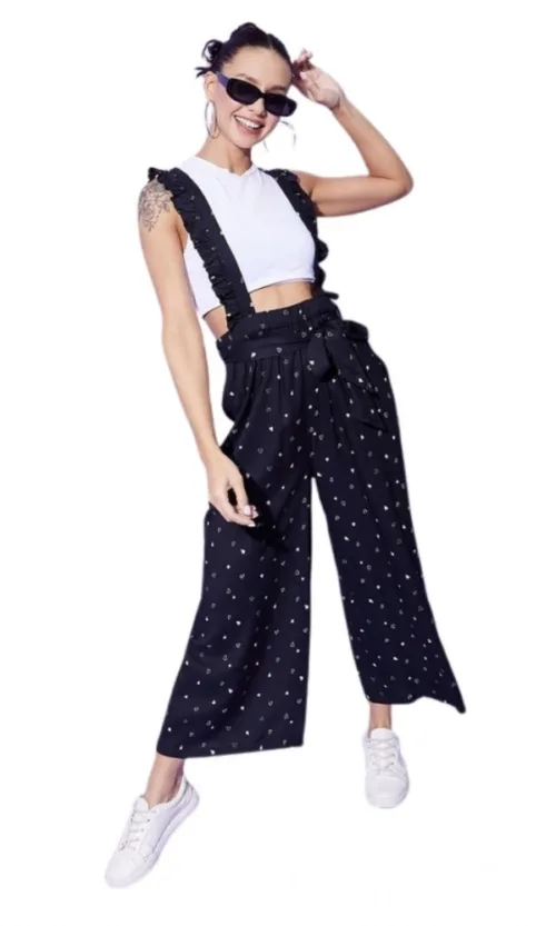 Women's Rayon Pinafore Shoulder Straps Jumpsuit (Black)