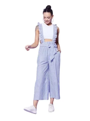 Women's Cotton Pinafore Shoulder Straps Jumpsuit (Light Blue)