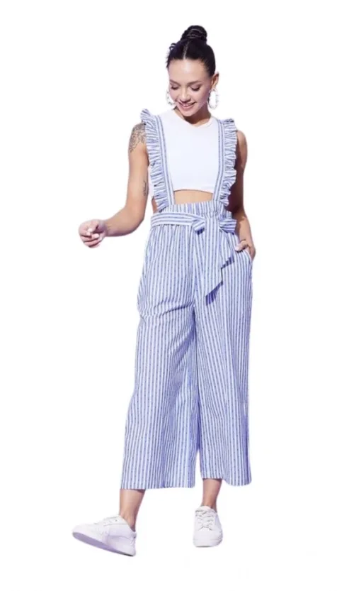 Women's Cotton Pinafore Shoulder Straps Jumpsuit (Light Blue)