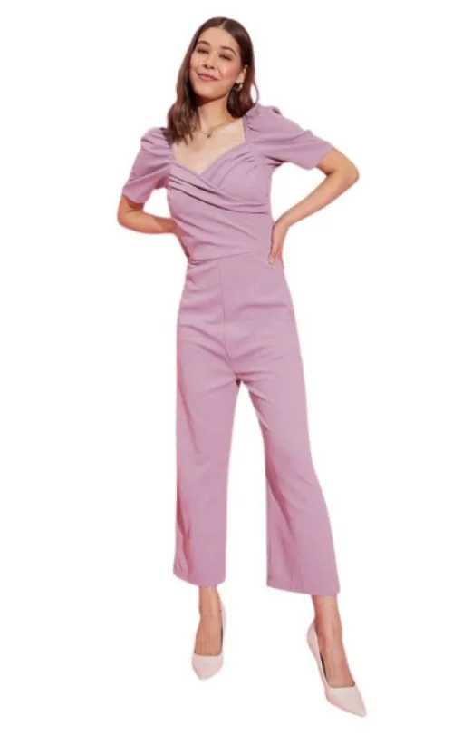 Women's Polyester Lycra Solid Puff Sleeve Jumpsuit (Lavender)