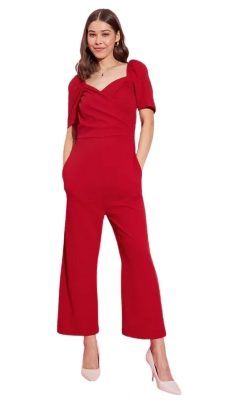 Women's Polyester Lycra Solid Puff Sleeve Jumpsuit (Red)