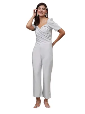 Women's Polyester Shimmer Self Design Short Sleeve Jumpsuit (Silver)