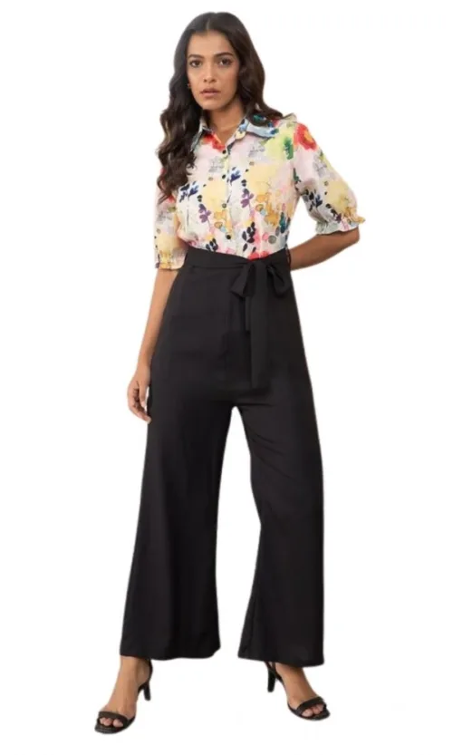 Women's Polyester Floral Half Sleeves Jumpsuit (Multicolor)
