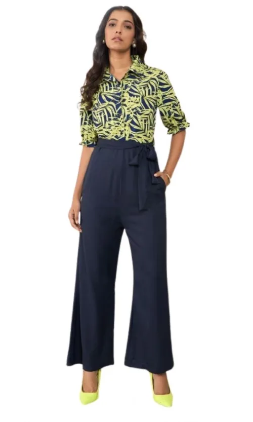 Women's Polyester Floral Half Sleeves Jumpsuit (Navy - Yellow)