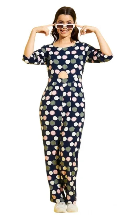 Girl's Cotton Polka 3-4th Sleeve Jumpsuit (Multicolor)
