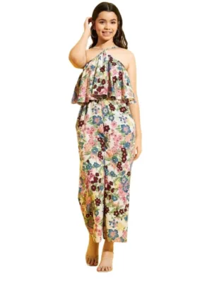 Girl's Polyester Crepe Floral Sleeveless Jumpsuit (Multicolor)