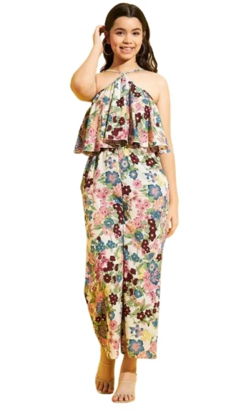 Girl's Polyester Crepe Floral Sleeveless Jumpsuit (Multicolor)