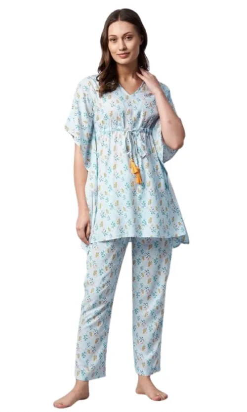 Women's Rayon Floral Kaftan Sleeve Kaftan Sets (Light Blue)
