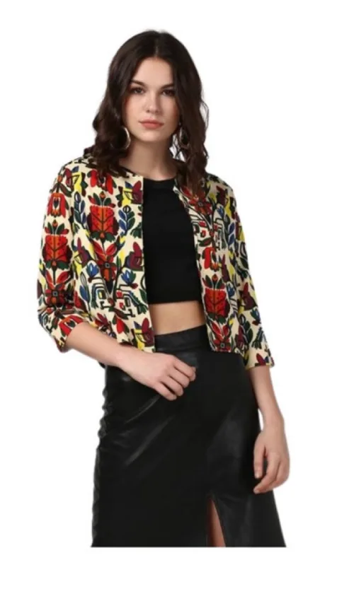Women's Polyester Floral 3-4th Sleeves Shrug (Multicolor)