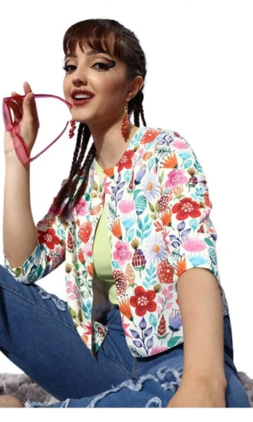 Women's Polyester Floral 3-4th Sleeves Shrug (Multicolor)