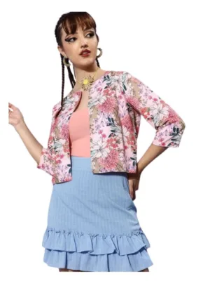 Women's Polyester Floral 3-4th Sleeves Shrug (Peach)