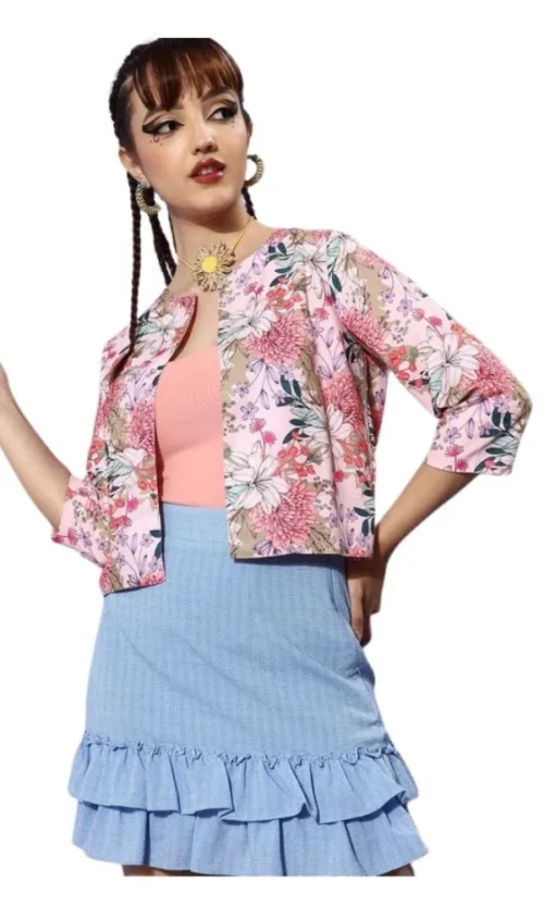 Women's Polyester Floral 3-4th Sleeves Shrug (Peach)