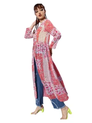 Women's Polyester Floral Long Sleeves Shrug (Pink-Coral)