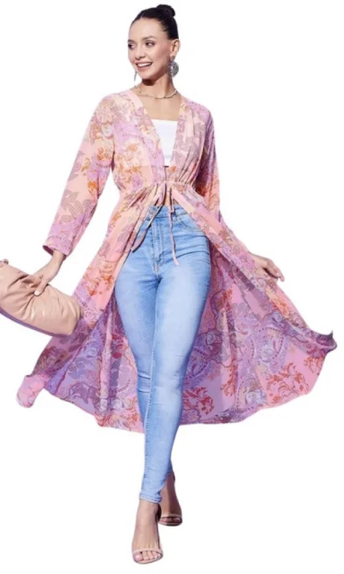 Women's Polyester Floral Long Sleeves Shrug (Peach)