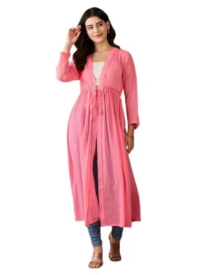 Women's Chiffon Self Design Long Sleeves Shrug (Pink)