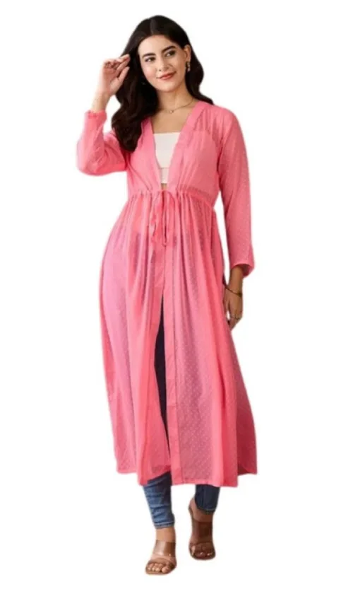 Women's Chiffon Self Design Long Sleeves Shrug (Pink)