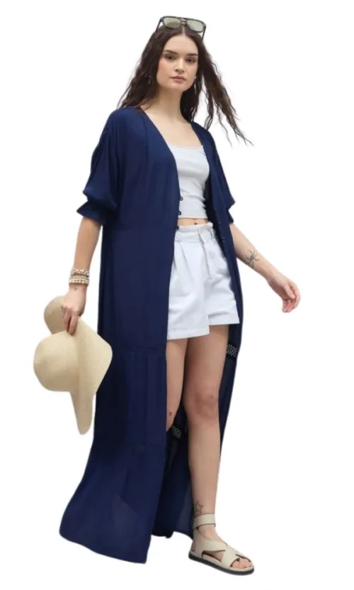 Women's Rayon Crepe Lace Inserts 3-4th Sleeve Shrug (Navy)