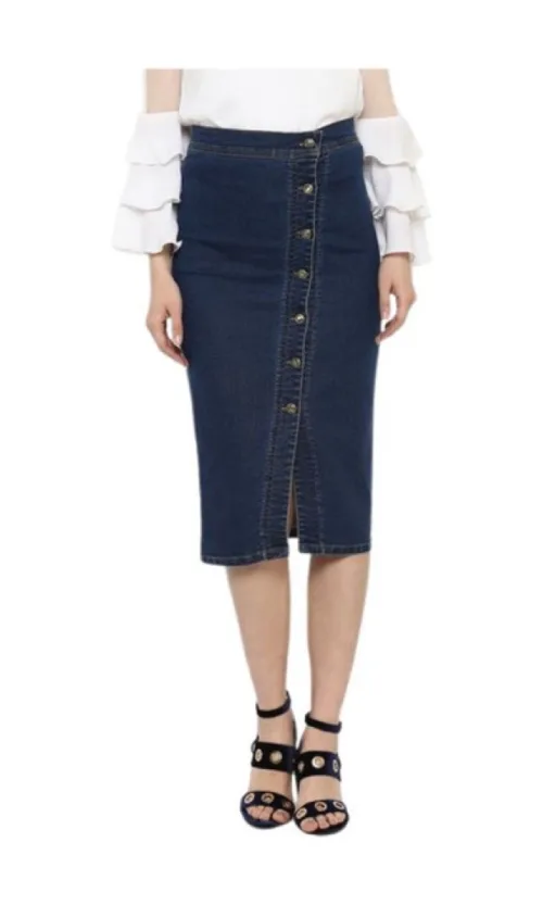 Women's Denim Front Button Buttoned Skirt (Blue)