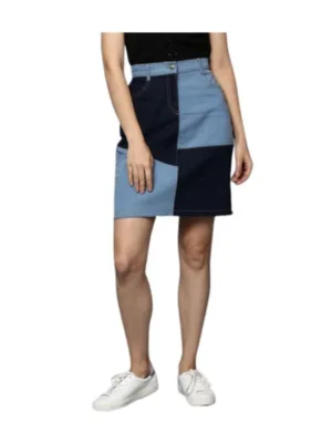 Women's Denim Brick Style Buttoned Skirt (Blue)