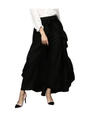 Women's Rayon Ruffled Elasticated Skirt (Black)