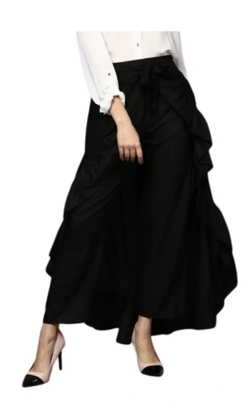 Women's Rayon Ruffled Elasticated Skirt (Black)