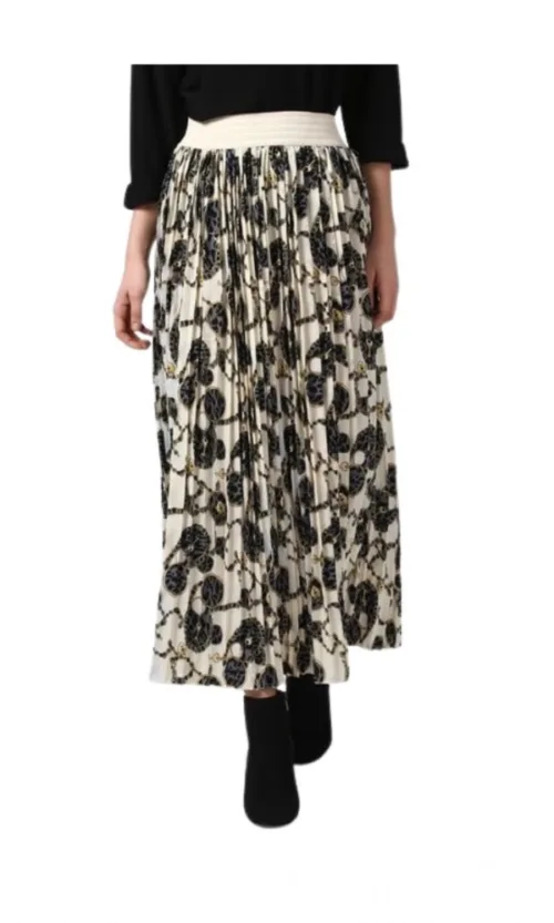 Women's Georgette Chain Print Elasticated Skirt (Cream-Black)