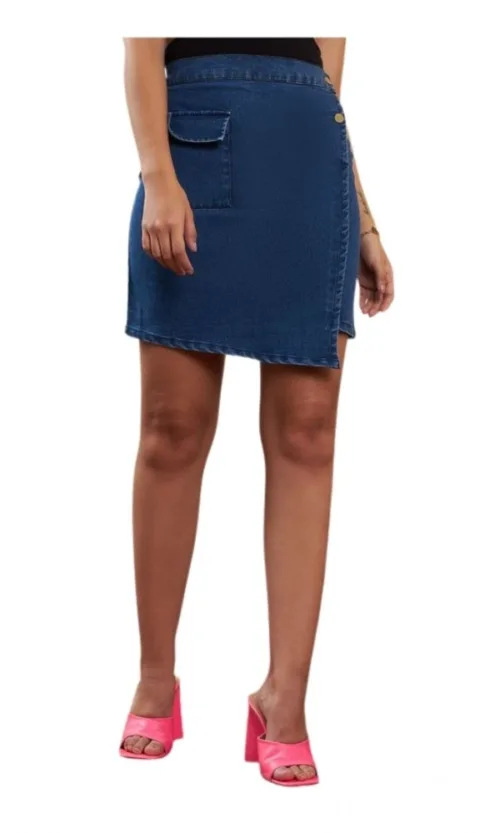 Women's Denim Lycra Solid Button Skirt (Blue)