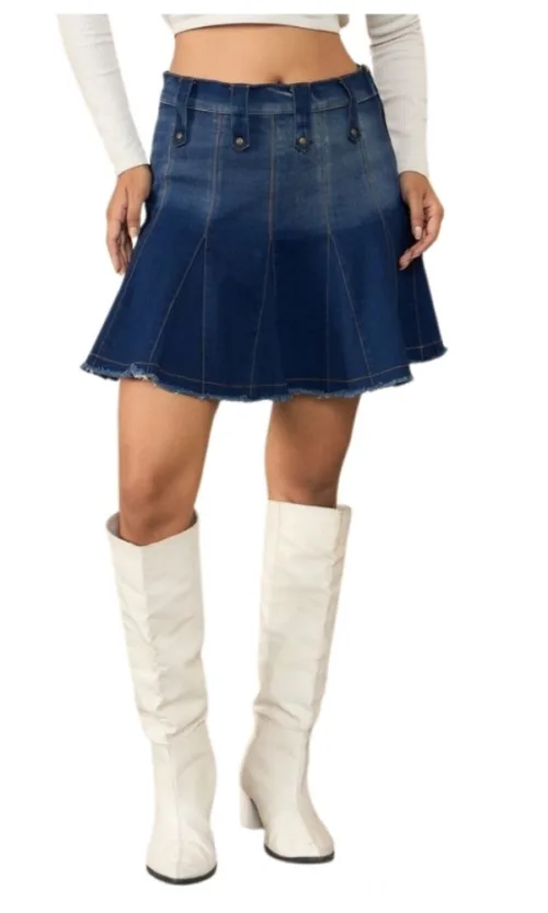 Women's Denim Washed Buttoned Skirt (Blue)