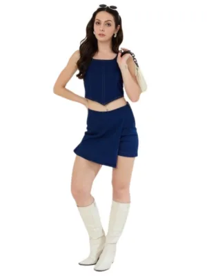 Women's Denim Lycra Solid Zip Closure Skorts (Navy)