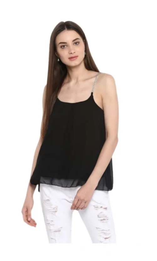 Women's Polyester Embellished Shoulder Straps Top (Black)