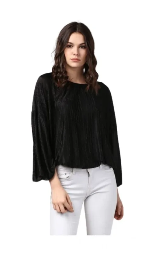 Women's Polyester Pleated Balloon Sleeve Top (Black)