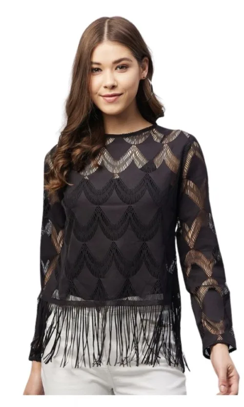 Women's Lace Self Design Short Sleeve Top (Black)