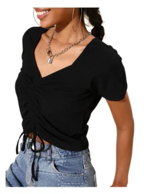 Women's Polyester Lycra Solid Short Sleeve Top (Black)