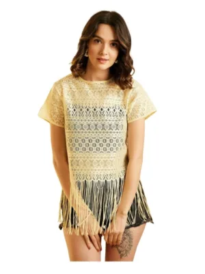 Women's Polyester Lace Self Design Short Sleeve Top (Yellow)