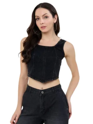 Women's Denim Lycra Solid Sleeveless Top (Black)