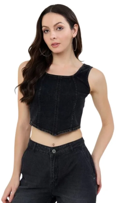 Women's Denim Lycra Solid Sleeveless Top (Black)