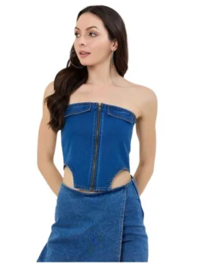 Women's Denim Lycra Solid Sleeveless Top (Blue)