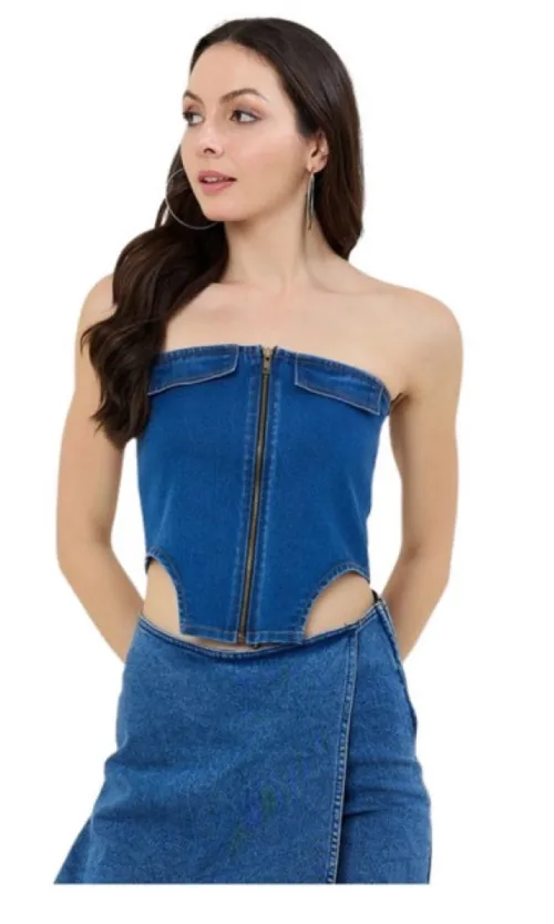 Women's Denim Lycra Solid Sleeveless Top (Blue)