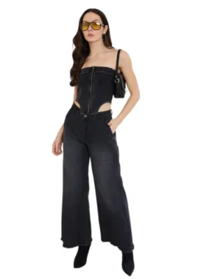 Women's Denim Lycra Solid Sleeveless Top (Black)
