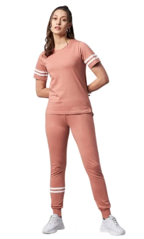 Women's Cotton Striped Short Sleeve Tracksuit (Pink)
