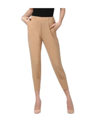 Women's Polyester Solid Elasticated Trousers (Beige)