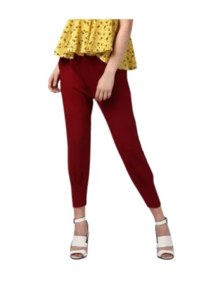 Women's Polyester Solid Elasticated Trousers (Maroon)