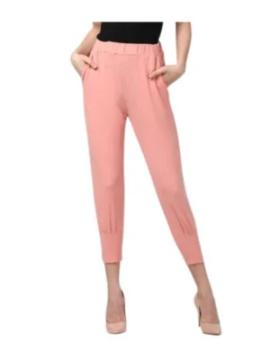 Women's Polyester Solid Elasticated Trousers (Pink)
