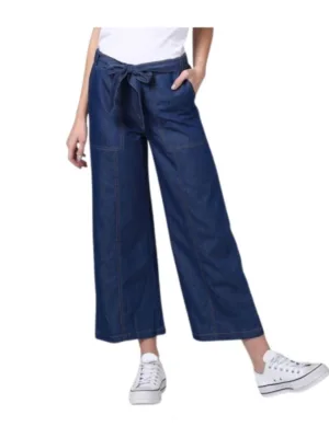 Women's Denim Solid Elasticated Trousers (Blue)