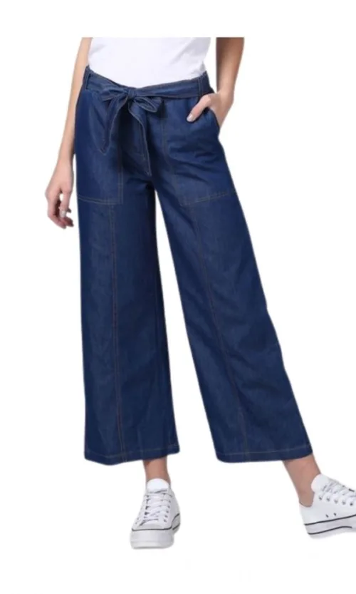 Women's Denim Solid Elasticated Trousers (Blue)