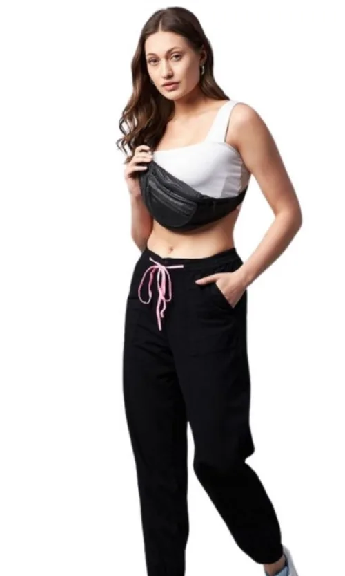 Women's Cotton Twill Solid Elasticated Trousers (Black)